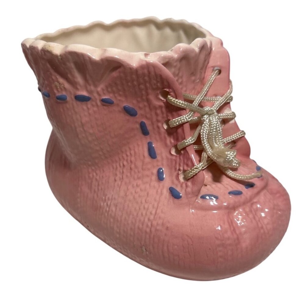 Inarco Planter Ceramic Pink Baby Bootie Lace Detail Japan Vintage 3.25" Birth